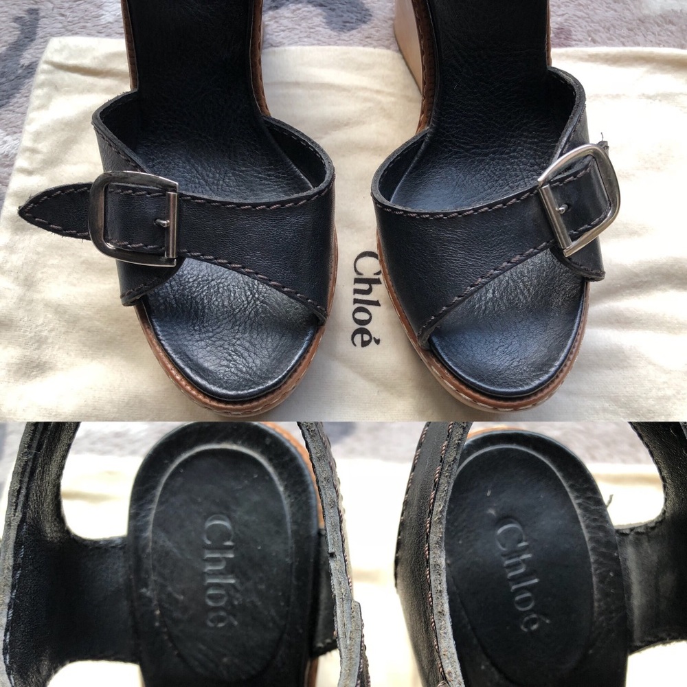 Auth-Chloe Black leather & wooden wedge sandals - Picture 7 of 8